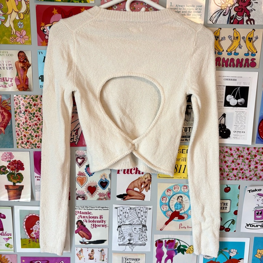 Aerie Cream Textured Knit Open-Back Long Sleeve Top